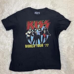 Kiss Men T-Shirt Large Black Logo World Tour 77 Short Sleeve Adult Rock Tee